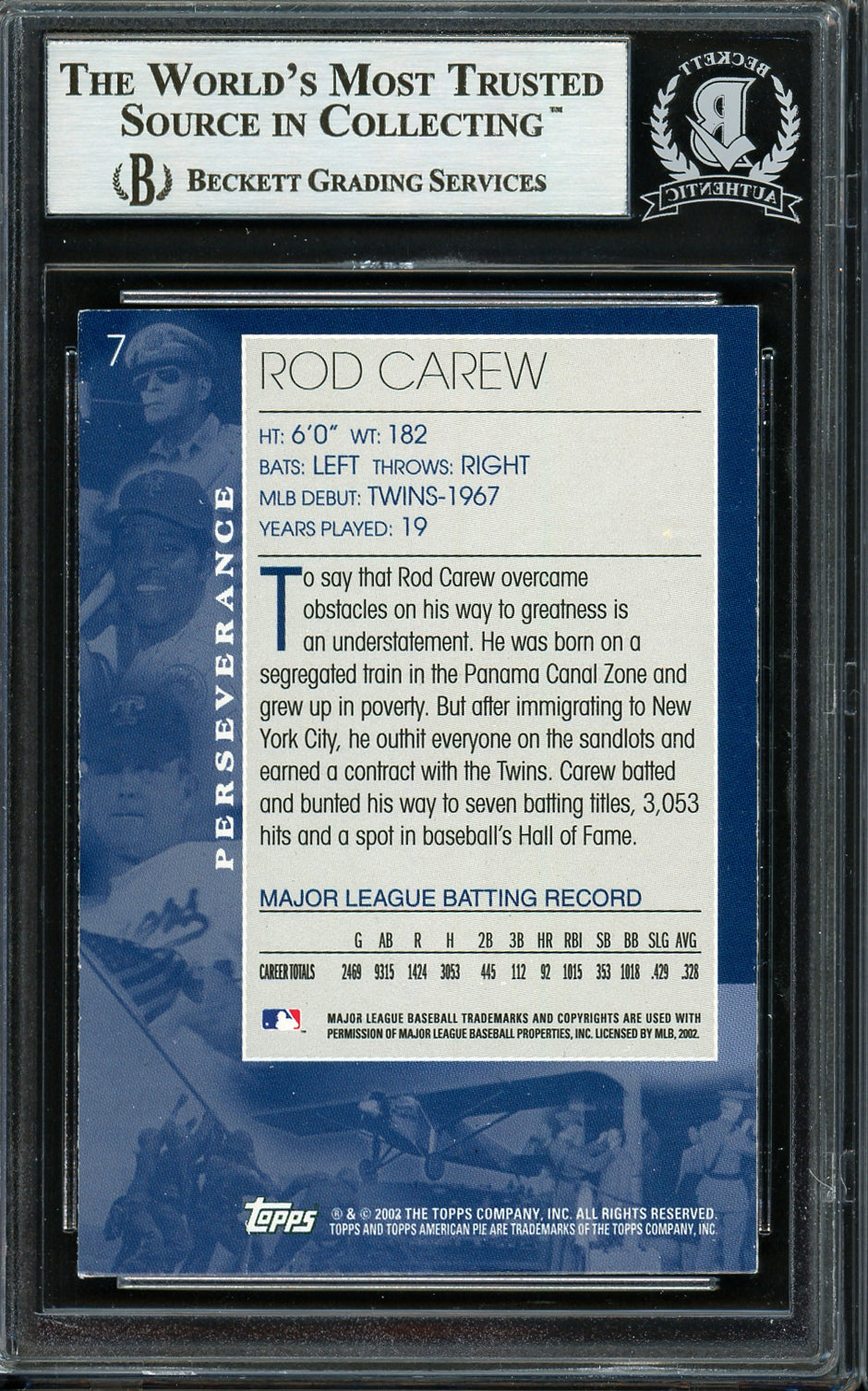Rod Carew Autographed 2002 Topps American Pie Card #7 Minnesota Twins Beckett BAS #12754120