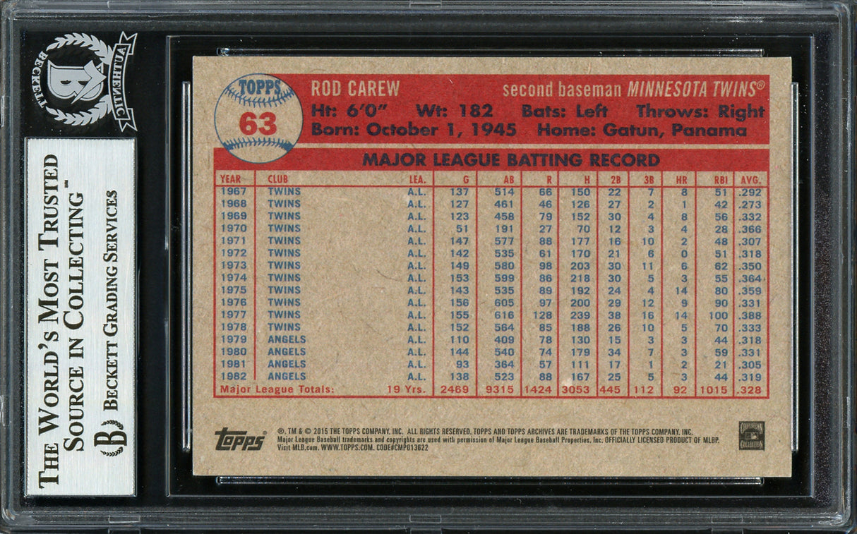 Rod Carew Autographed 2015 Topps Archives Card #63 Minnesota Twins Beckett BAS Stock #193369