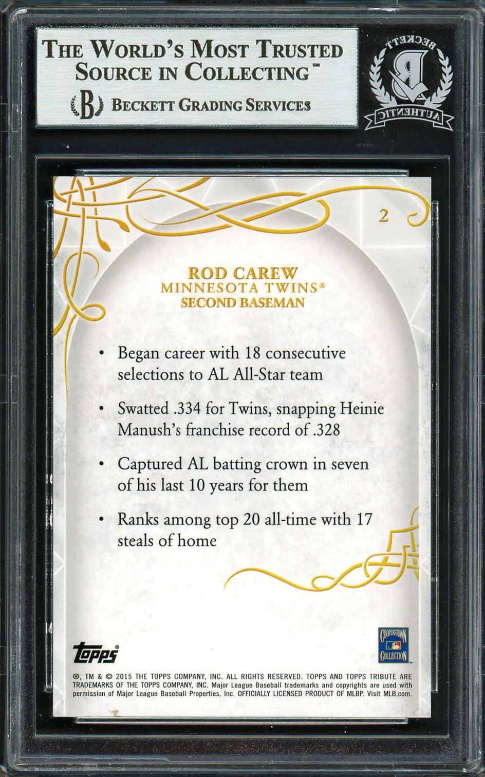Rod Carew Autographed 2015 Topps Tribute Card #2 Minnesota Twins Beckett BAS #12754352