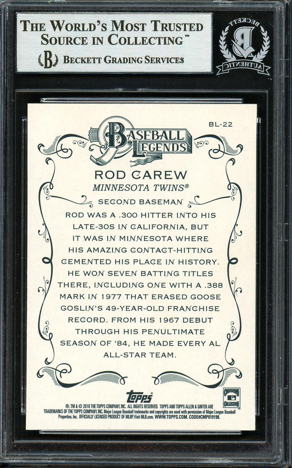 Rod Carew Autographed 2016 Topps Allen & Ginter Baseball's Legends Card #BL-22 Minnesota Twins Beckett BAS Stock #193374