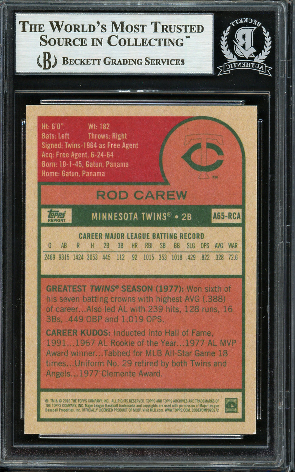 Rod Carew Autographed 2016 Topps Archives 65th Anniversary Card #A65-RCA Minnesota Twins Beckett BAS #12754387