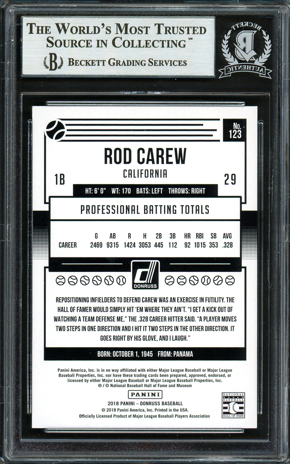 Rod Carew Autographed 2018 Donruss Black & White Card #123 Minnesota Twins Beckett BAS #12754490