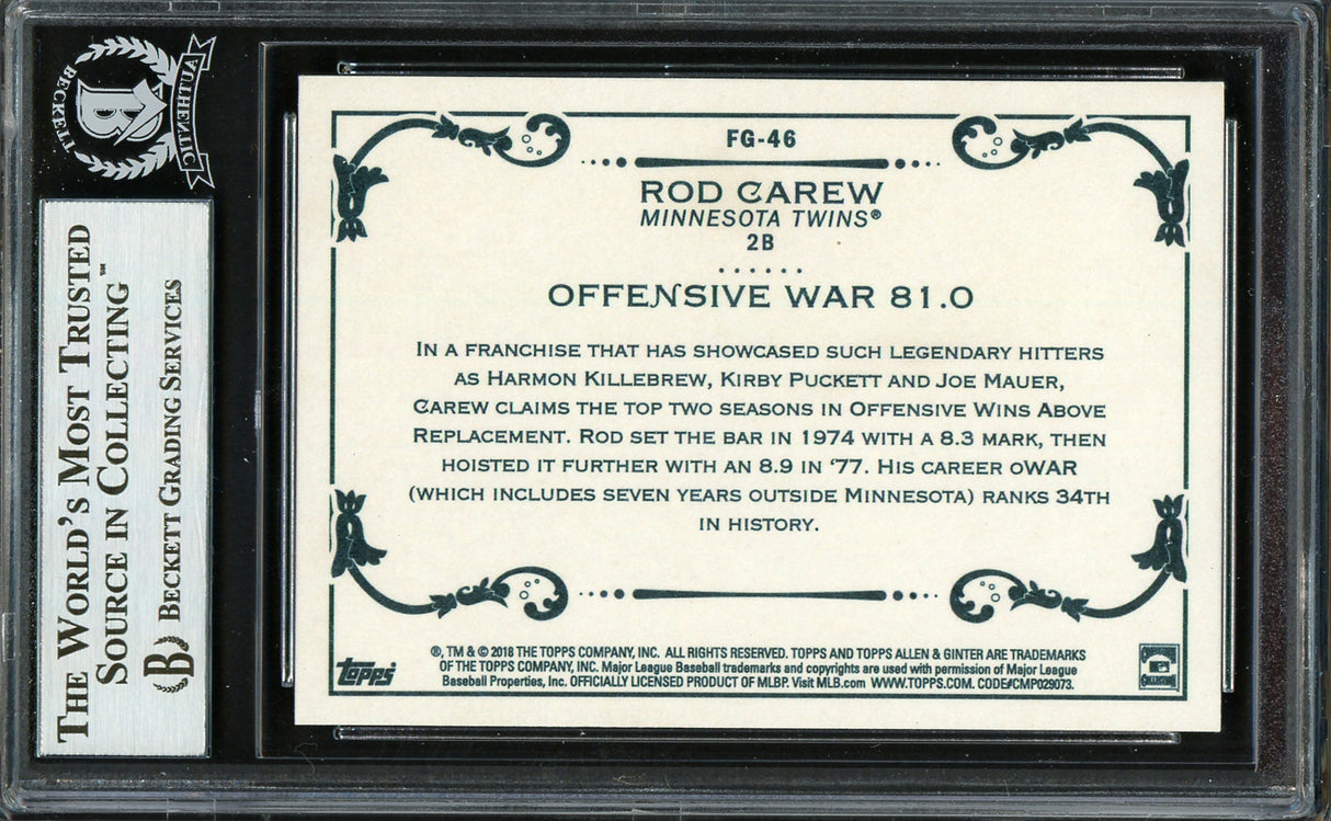 Rod Carew Autographed 2018 Topps Allen & Ginter Fantasy Goldmine Card #FG-46 Minnesota Twins Beckett BAS #12754491