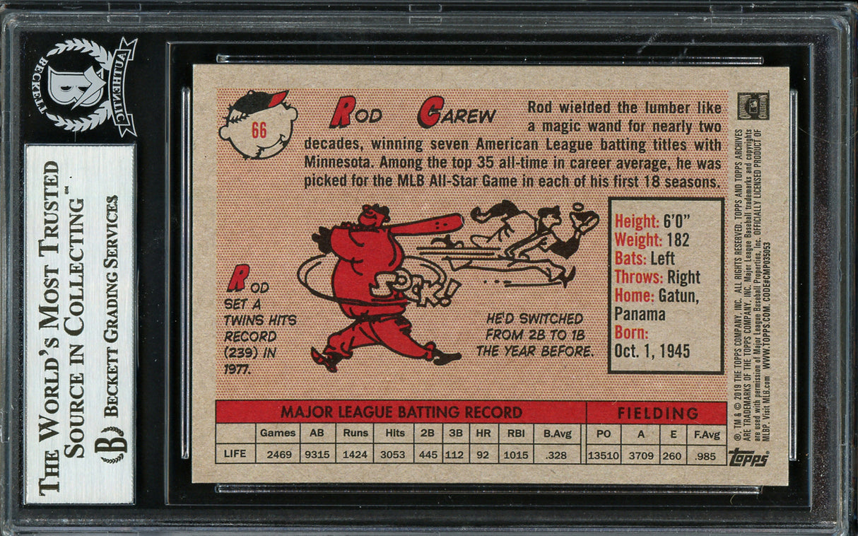 Rod Carew Autographed 2019 Topps Archives Card #66 Minnesota Twins Beckett BAS Stock #193418