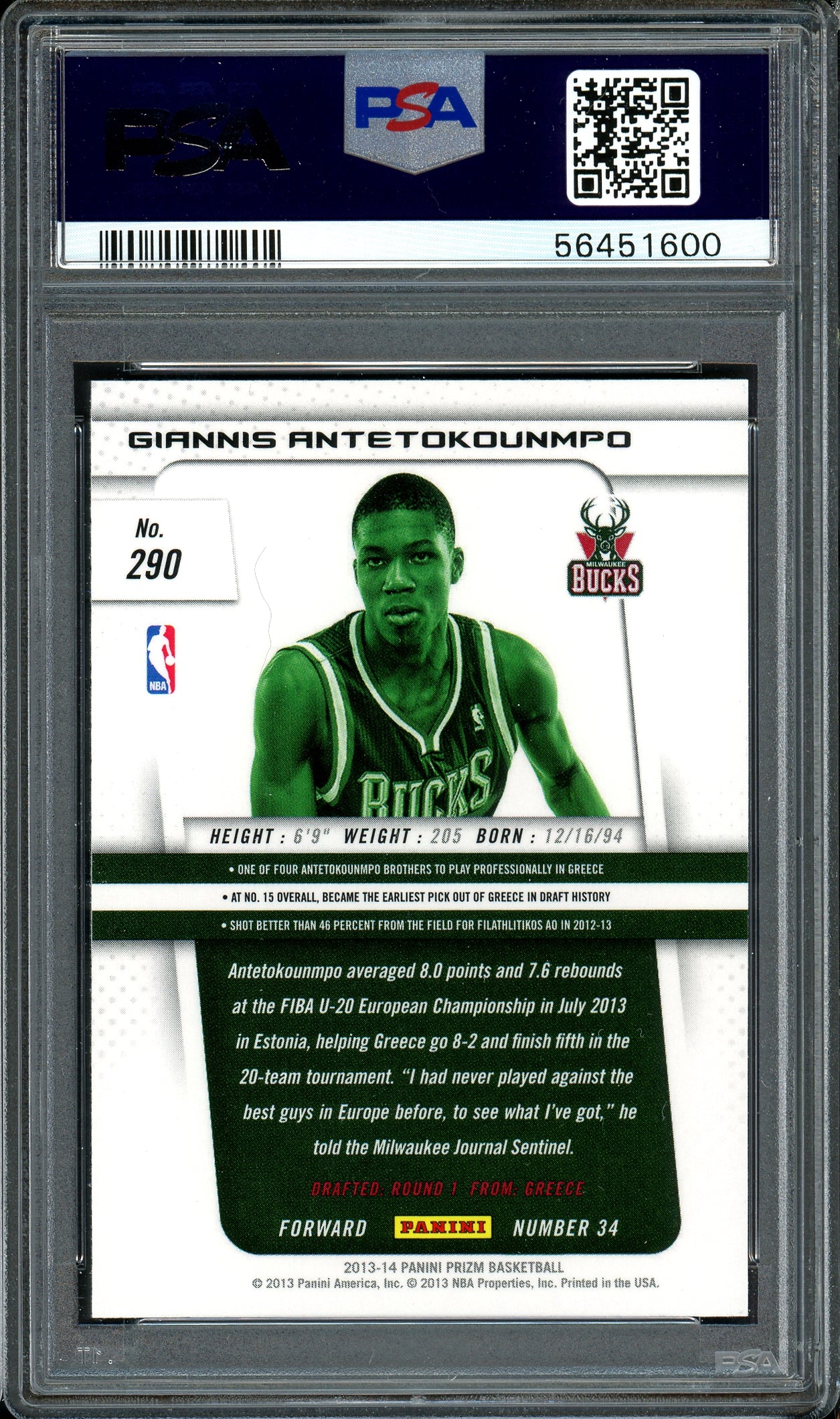 Giannis Antetokounmpo Autographed 2013 Panini Prizm Rookie Card #290 Milwaukee Bucks PSA 9 Auto Grade Gem Mint 10 "Greek Freak" PSA/DNA #56451600