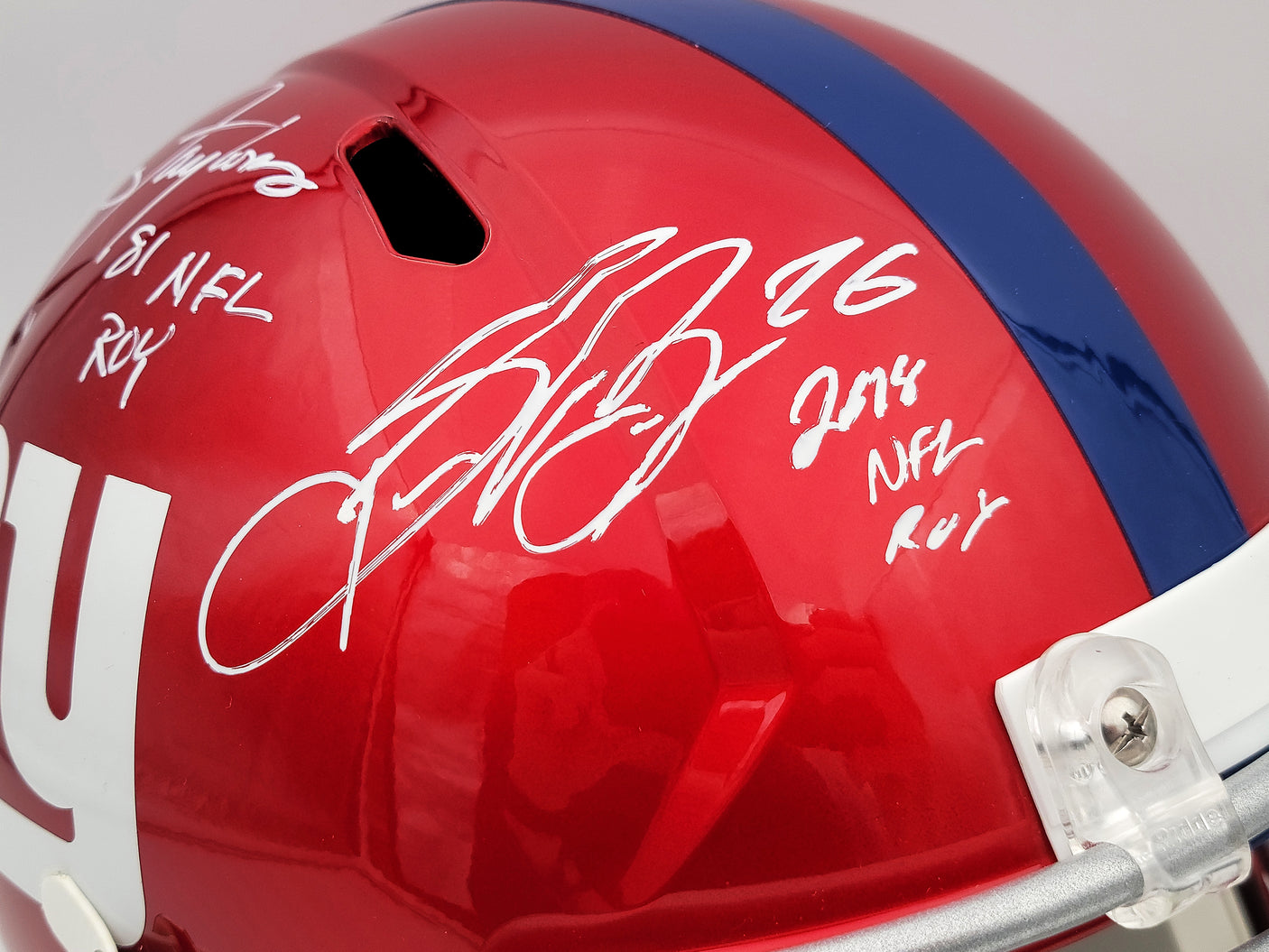 Lawrence Taylor & Saquon Barkley Autographed New York Giants Flash Red Full Size Replica Speed Helmet "NFL ROY" Beckett BAS QR Stock #202987