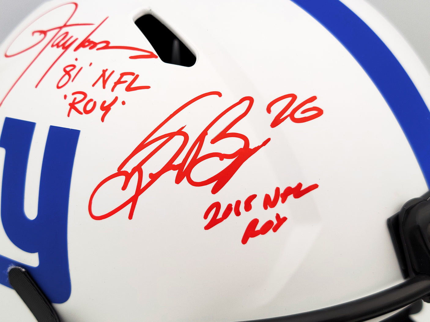 Lawrence Taylor & Saquon Barkley Autographed New York Giants Lunar Eclipse White Full Size Replica Speed Helmet "NFL ROY" Beckett BAS QR Stock #202989