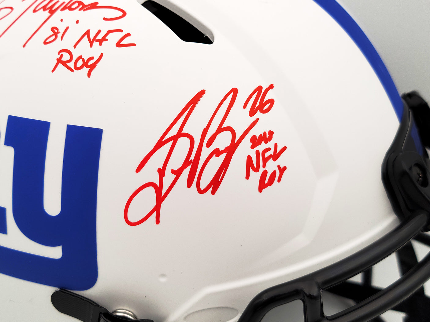 Lawrence Taylor & Saquon Barkley Autographed New York Giants Lunar Eclipse White Full Size Authentic Speed Helmet "NFL ROY" Beckett BAS QR Stock #202990