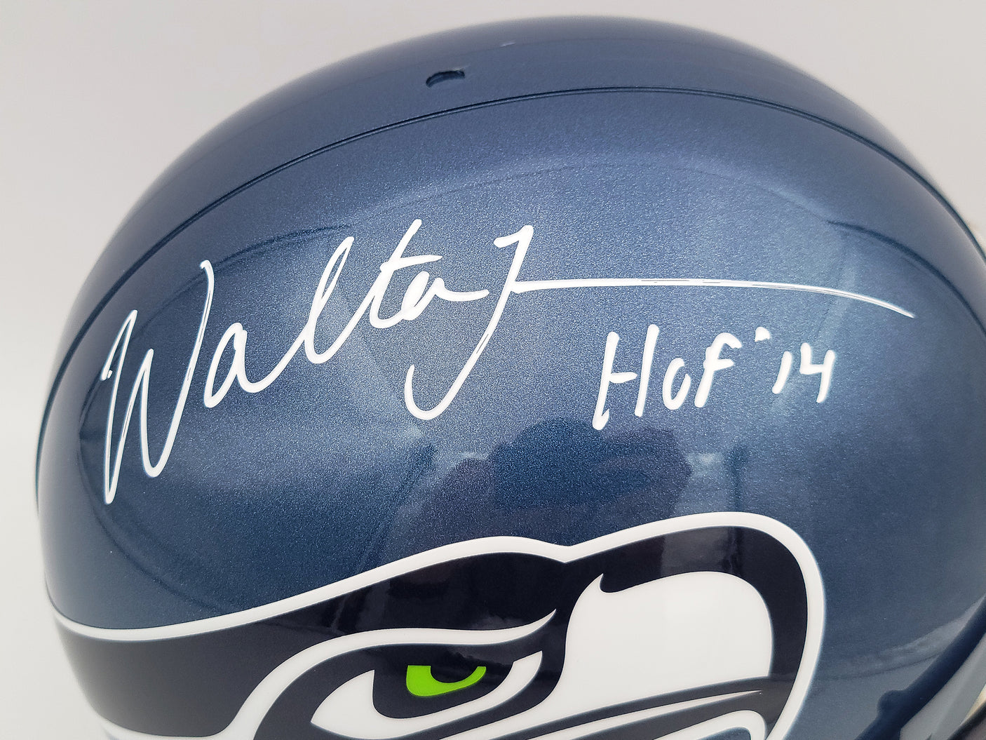Walter Jones Autographed Seattle Seahawks Blue Full Size Replica Helmet "HOF 14" MCS Holo Stock #203082