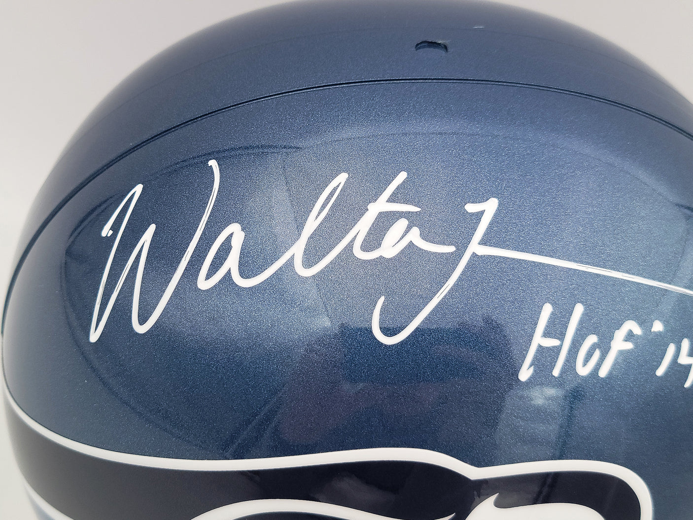Walter Jones Autographed Seattle Seahawks Blue Full Size Replica Helmet "HOF 14" MCS Holo Stock #203082