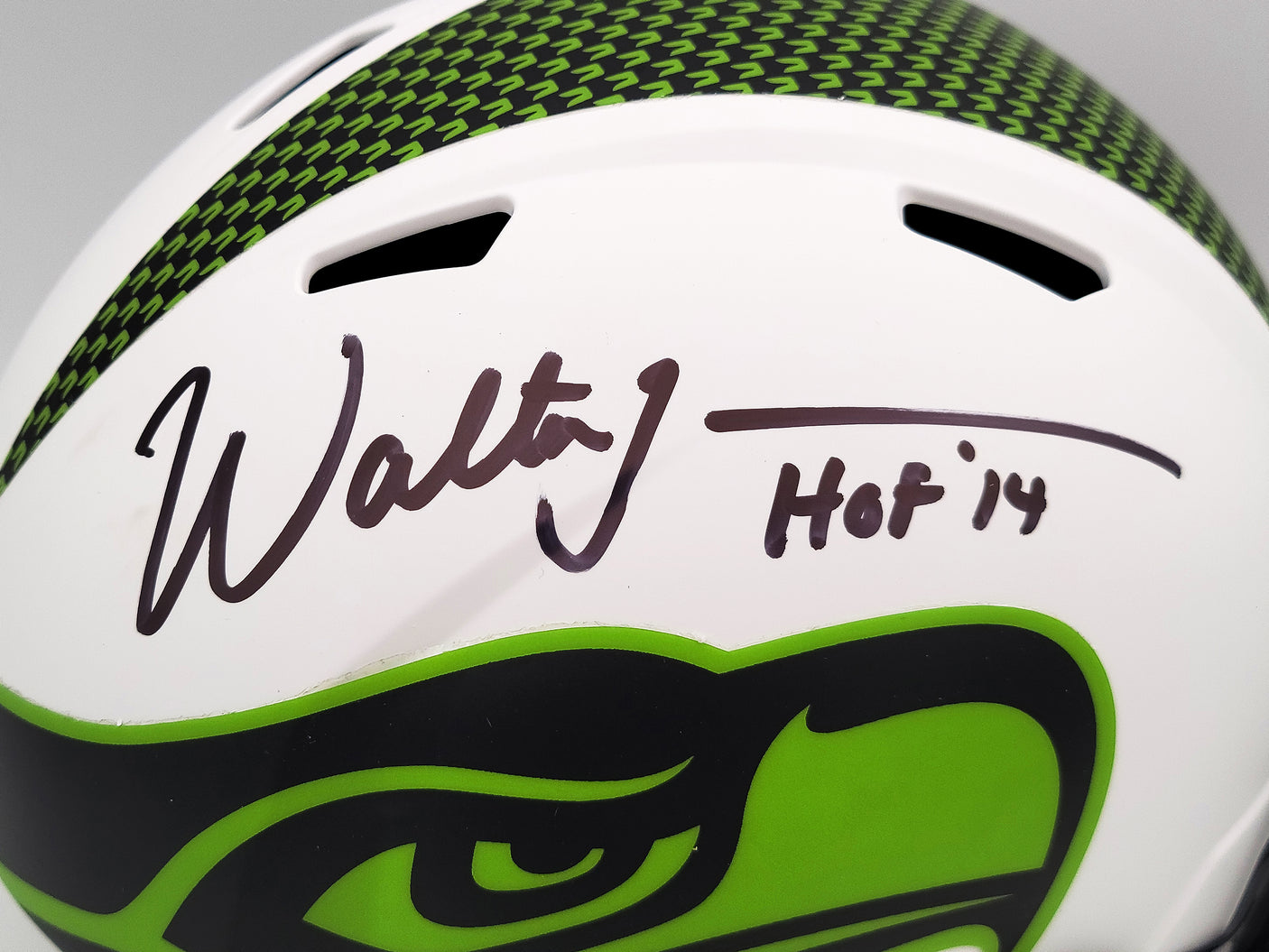 Walter Jones Autographed Seattle Seahawks Lunar Eclipse White Full Size Replica Speed Helmet "HOF 14" MCS Holo Stock #203080