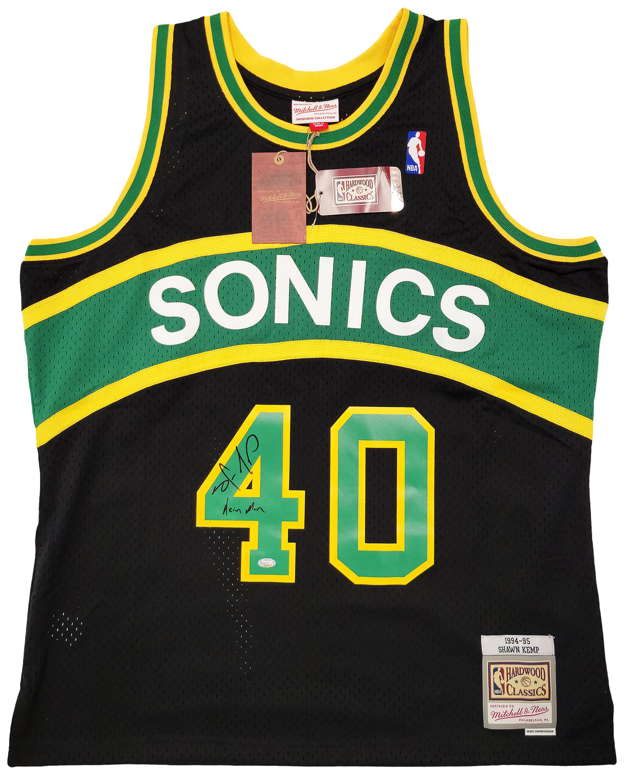 Seattle Supersonics Shawn Kemp Autographed Black Authentic Mitchell & Ness Hardwood Classics Swingman Jersey Size XL Signed On Front "Reign Man" MCS Holo Stock #203434