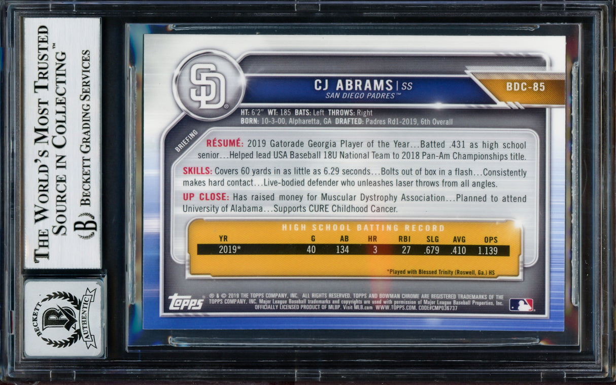 CJ Abrams Autographed 2019 Bowman Chrome Draft Rookie Card #BDC85 San Diego Padres Auto Grade Gem Mint 10 Beckett BAS Stock #202931