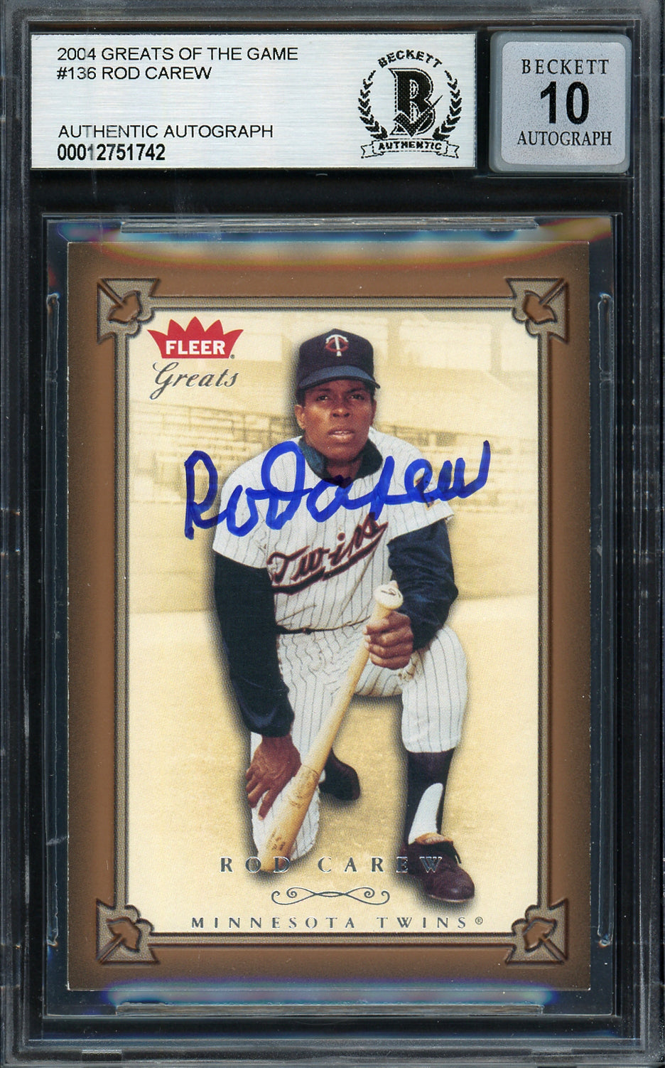 Rod Carew Autographed 2004 Fleer Greats of the Game Card #136 Minnesota Twins Auto Grade Gem Mint 10 Beckett BAS #12751742