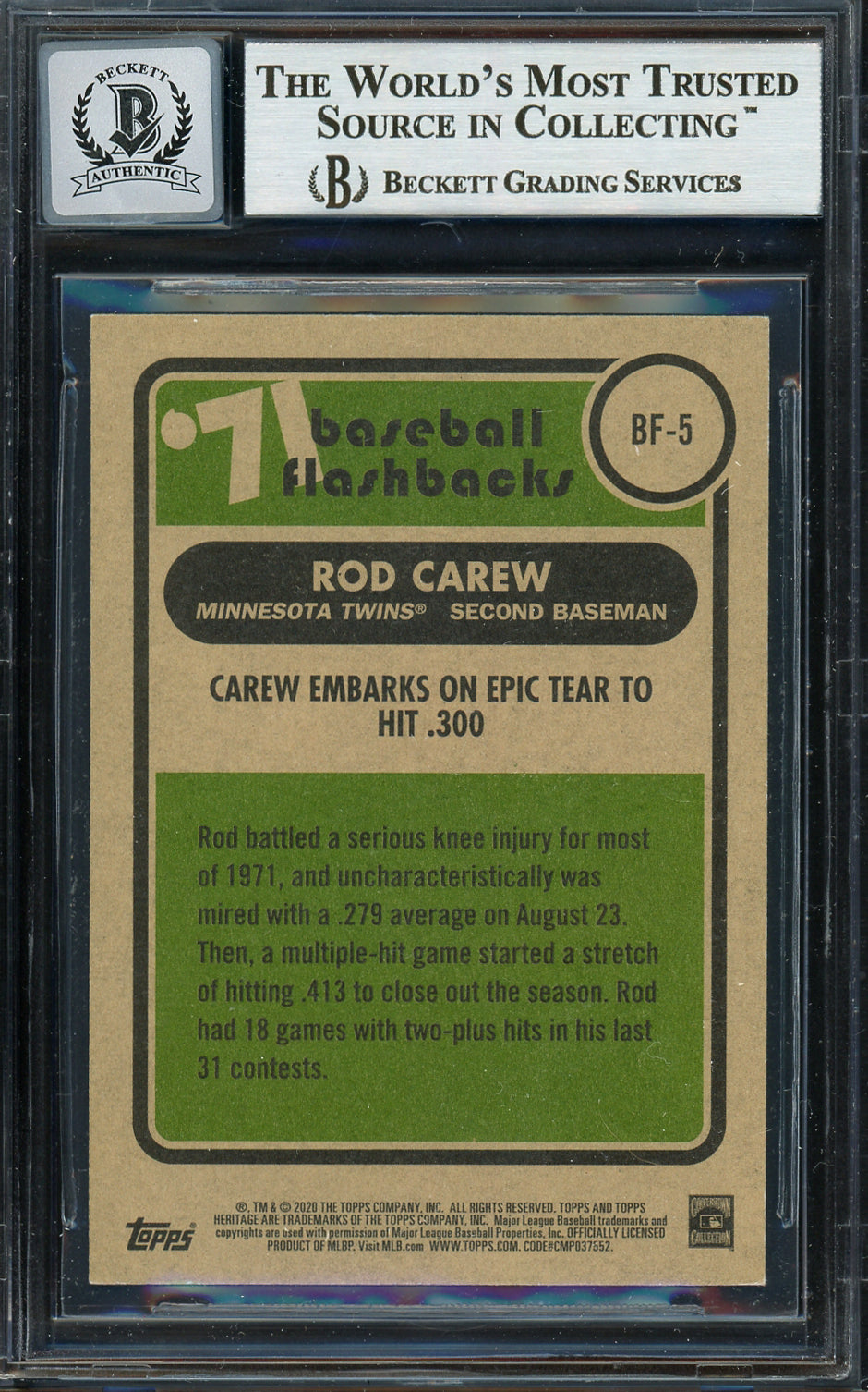 Rod Carew Autographed 2020 Topps Heritage Flashbacks Card #BF-5 Minnesota Twins Auto Grade Gem Mint 10 Beckett BAS #12752113
