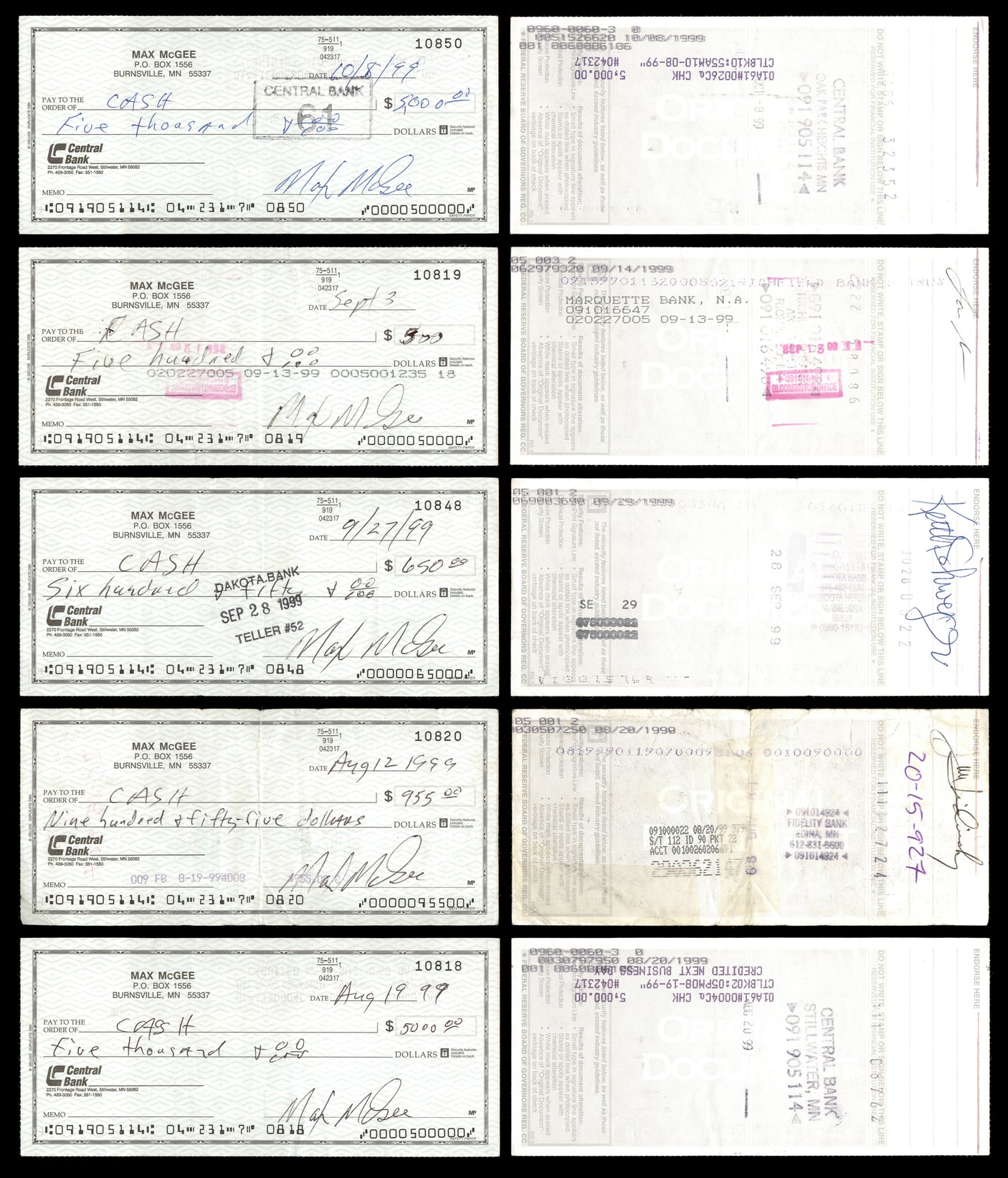 Max McGee Autographed 2.75x6 Check Green Bay Packers Lot of 50 SKU #174046