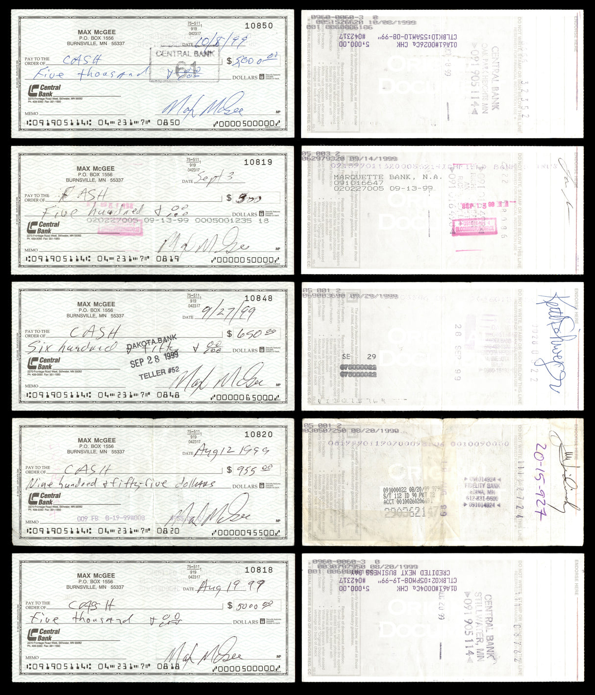 Max McGee Autographed 2.75x6 Check Green Bay Packers Lot of 50 SKU #174046