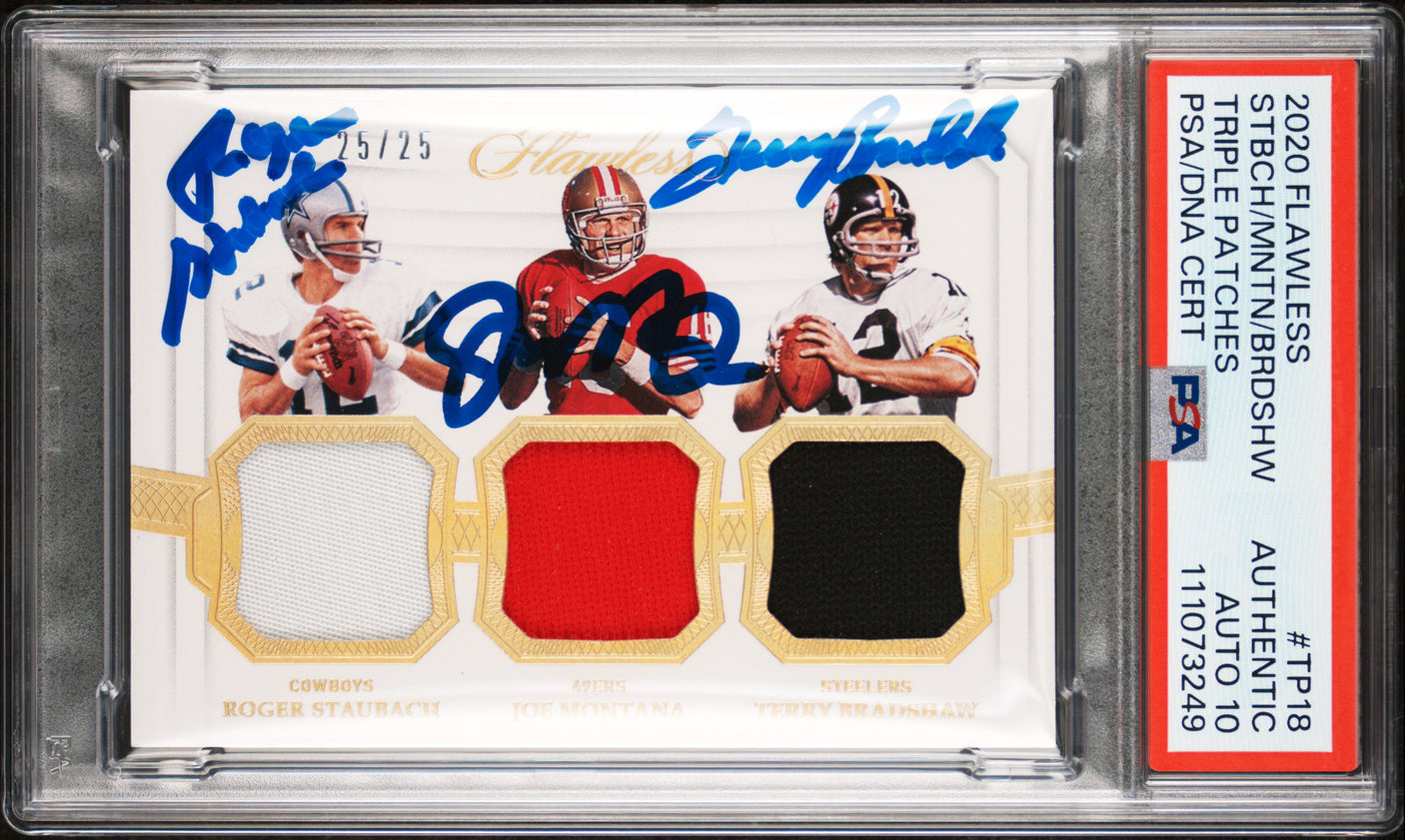 (3) Staubach, Montana, Bradshaw Signed 2020 Flawless #TP18 Card Auto 10 PSA Slab