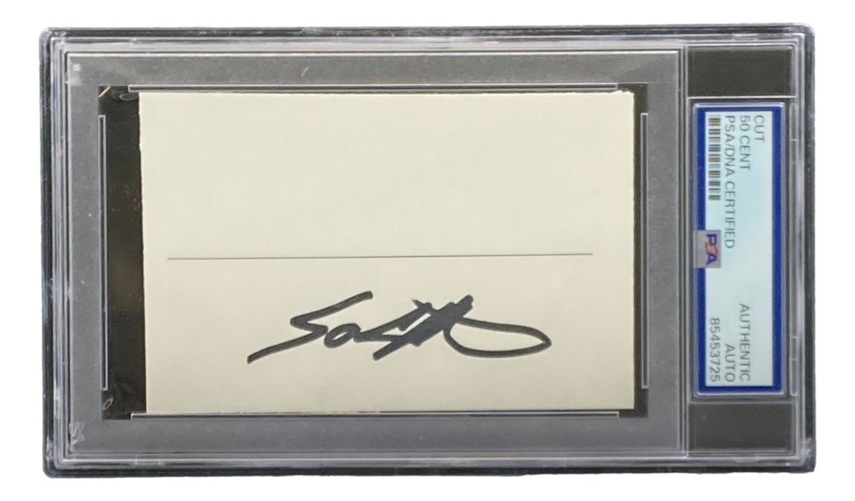 A 50 Cent signed cut signature card is slabbed and authenticated by PSA, with a bold black ink signature. Offered by Sports Integrity.
