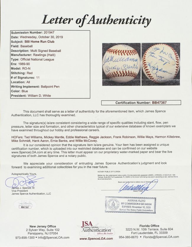500 Home Run Club (11) Signed NL Baseball Mickey Mantle Williams & More JSA LOA