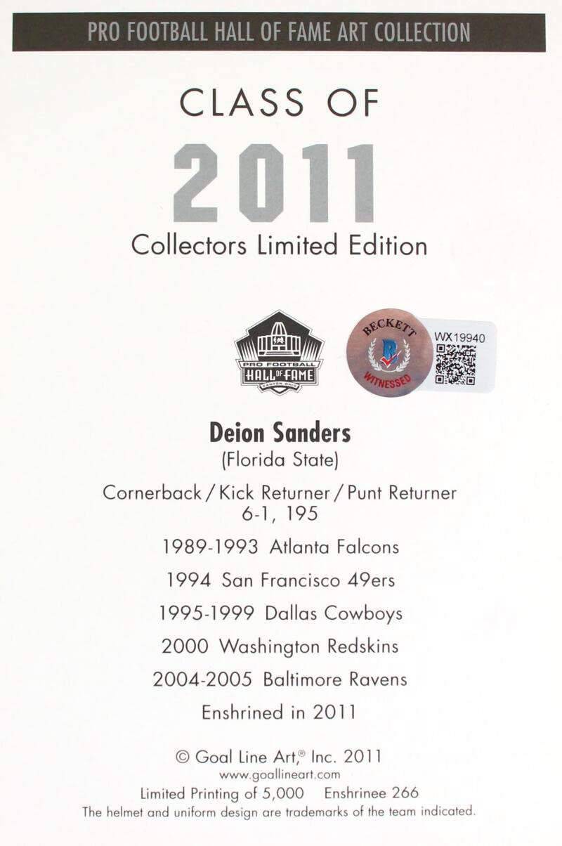 Deion Sanders Signed Atlanta Falcons Goal Line Art Card w/HOF - Beckett W Holo