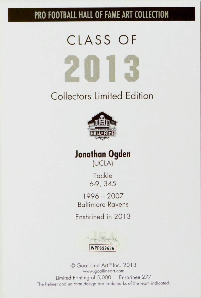 Jonathan Ogden HOF Autographed Baltimore Ravens Goal Line Art Card- JSA Auth