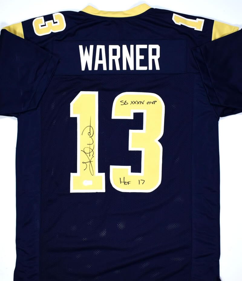Kurt Warner Autographed Blue Gold Pro Style Jersey w/HOF, SB MVP -Beckett W Holo