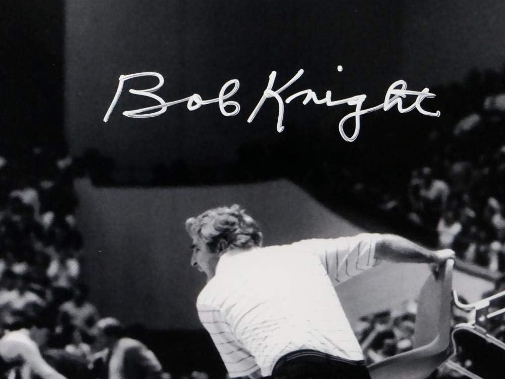 Bob Knight Phil Bova Signed 16x20 B&W Chair Photo w/Insc- Beckett Auth *White