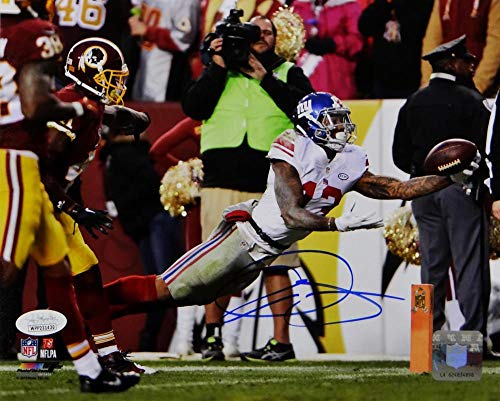 Odell Beckham Signed NY 8x10 One Handed Catch *White Jersey PF Photo- JSA W Auth