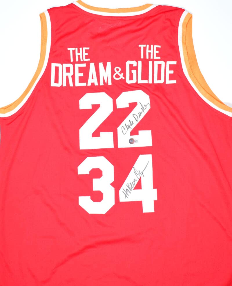 Hakeem Olajuwon Clyde Drexler Autographed Red Pro Style Jersey- Beckett W Holo