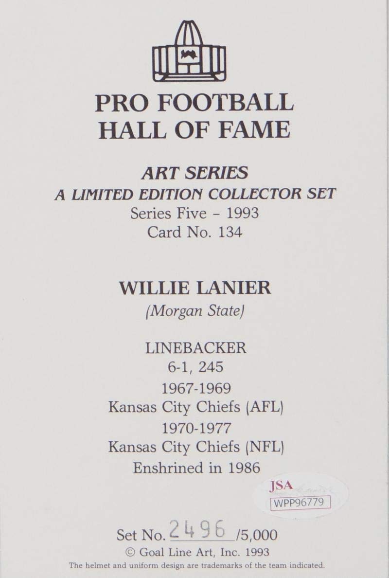 Willie Lanier Autographed KC Chiefs Goal Line Art Card W/ HOF- JSA W Auth *Blue
