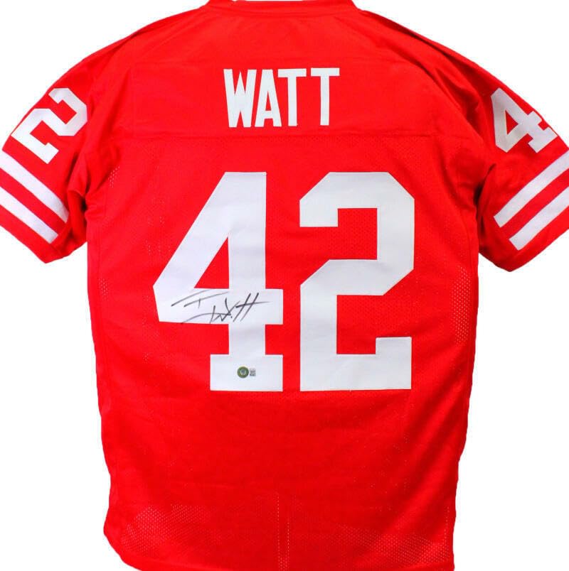 T.J. Watt Autographed Red College Style Jersey- Beckett W Hologram *Black