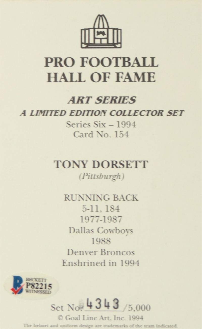 Tony Dorsett Autographed Dallas Cowboys Goal Line Art Card - Beckett Auth *Blue