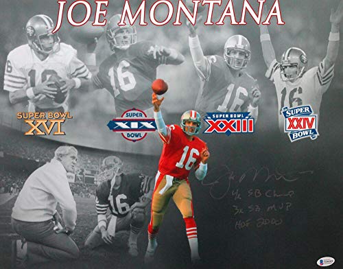 Joe Montana Autographed 49ers 16x20 Photo SB Wins w/ 3 Insc- Beckett Wit *Silver