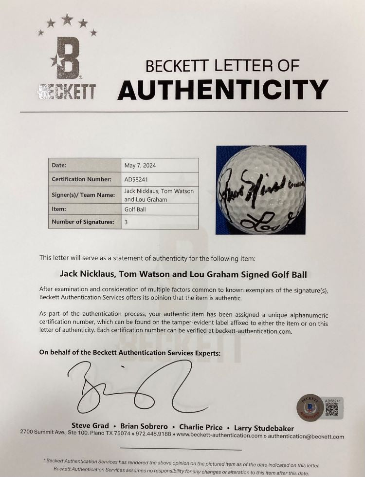 Jack Nicklaus Tom Watson Lou Graham Signed Bobby Jones Golf Ball BAS LOA - Sports Integrity