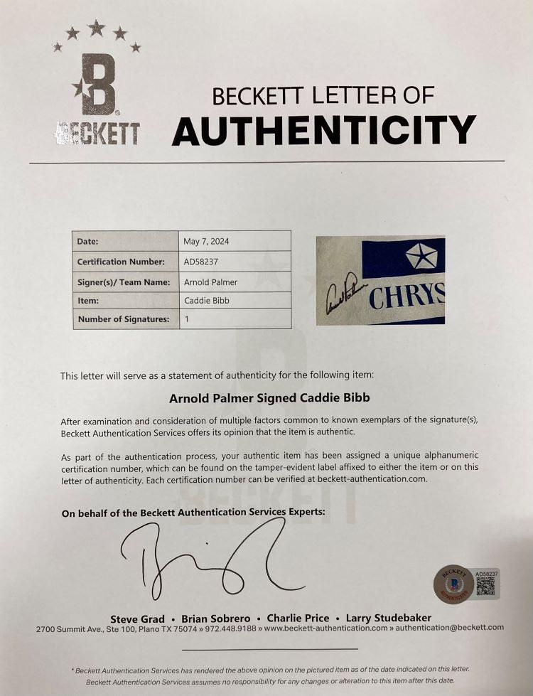 Arnold Palmer Signed PGA Golf Tournament Worn Caddy Bib BAS LOA - Sports Integrity