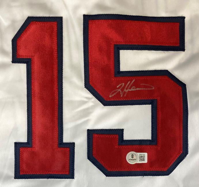 The Sports Integrity Tim Hudson Atlanta Signed White Baseball Jersey features a large red number 15 outlined in blue, with Tim Hudson's signature on the 5 and a BAS authentication sticker below.