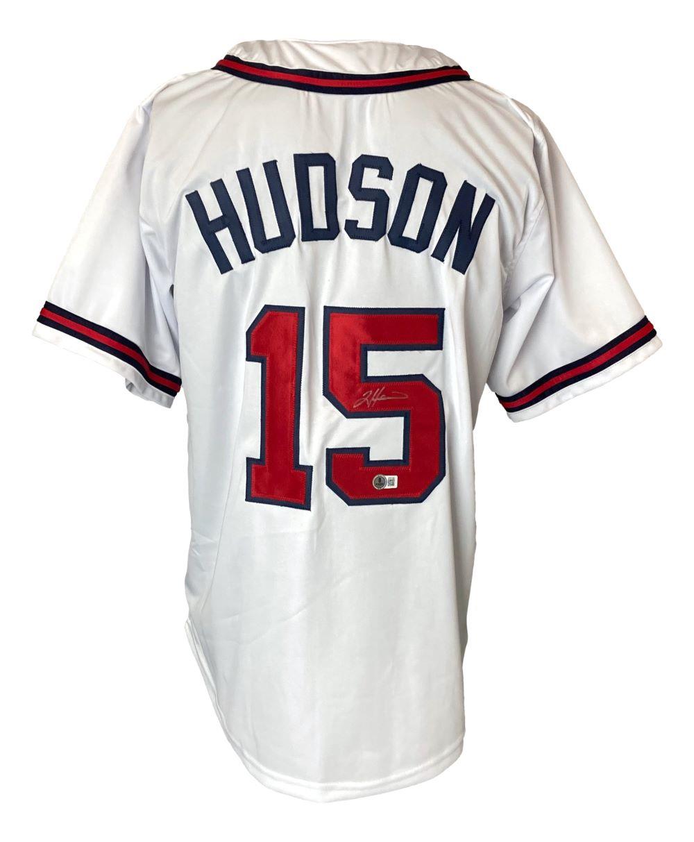 The Sports Integrity Tim Hudson Atlanta Signed White Baseball Jersey features red and navy trim, HUDSON and number 15 on the back, with the number autographed.