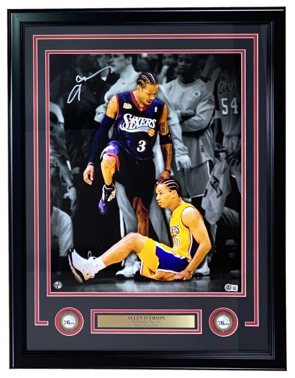 Allen Iverson Signed Framed 16x20 Philadelphia 76ers Step Over Lue Photo BAS