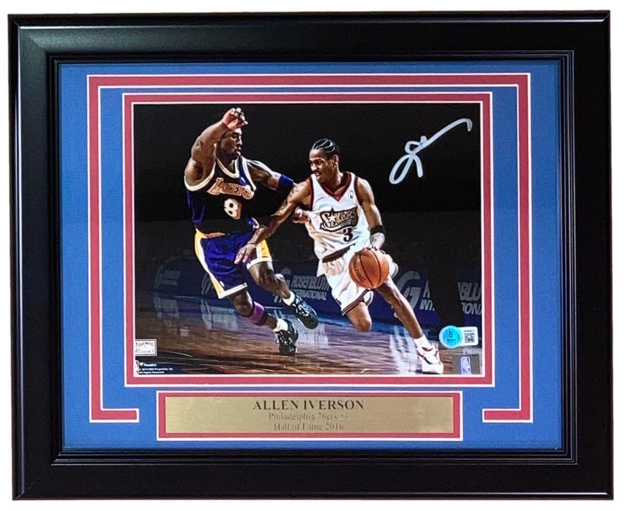 The Sports Integrity Allen Iverson Signed Framed 8x10 photo shows Iverson vs Kobe Bryant, with a plaque stating “Allen Iverson, Philadelphia 76ers, Hall of Fame 2016.” BAS authenticated.