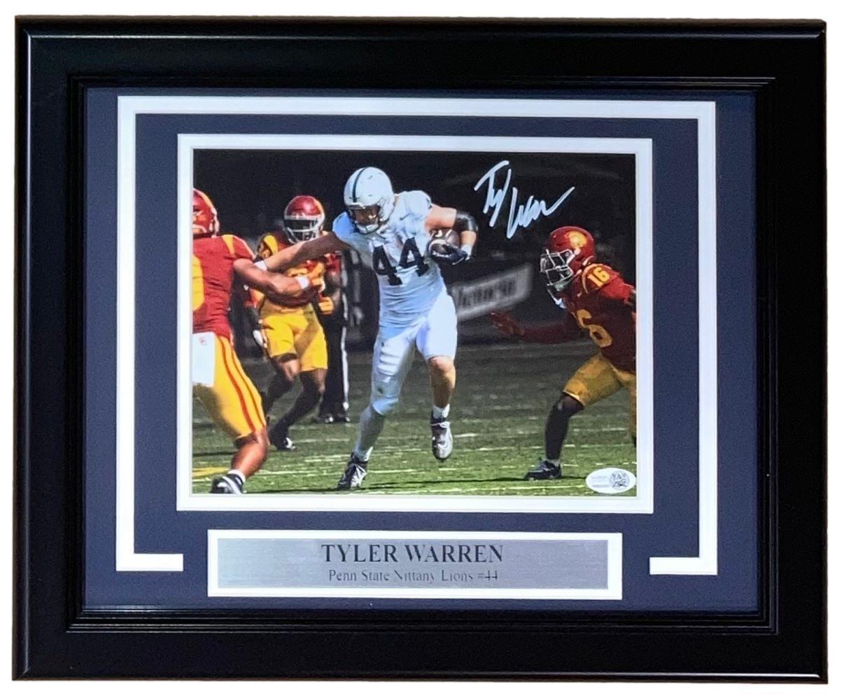 Sports Integrity Tyler Warren Signed Framed 8x10 Penn State Nittany Lions Photo (JSA), featuring #44 in action, an autograph, and a silver nameplate beneath the image.