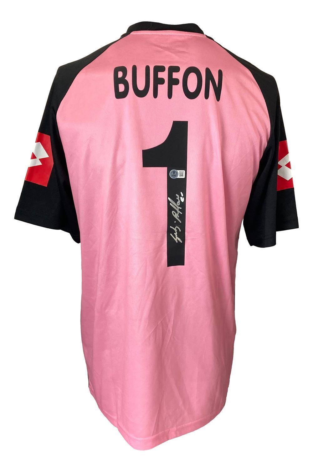 The Sports Integrity Gianluigi Buffon Signed Juventus Lotto Pink Soccer Jersey BAS features BUFFON and number 1 on the back with his signature below, plus red and white sleeve patches.