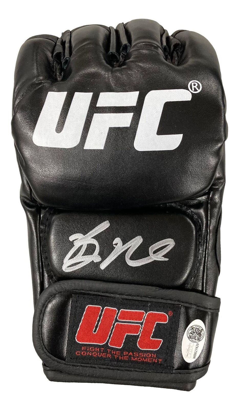 The Bo Nickal Signed UFC Fight Glove by Sports Integrity features a bold white UFC logo on top and a silver autograph, with a wrist strap patch displaying the UFC logo and slogan. Authenticated by JSA ITP.