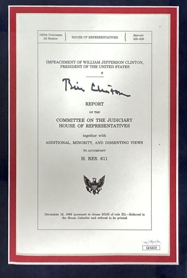 The Bill Clinton Signed Framed Impeachment Letter Monica Lewinsky JSA by Sports Integrity features the former president's signature and the U.S. House of Representatives seal.
