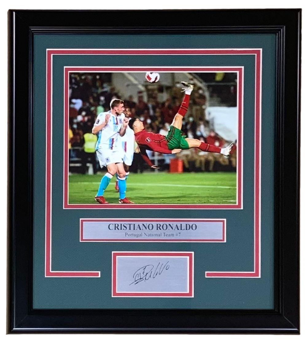 Sports Integrity’s Cristiano Ronaldo Framed 8x10 Portugal Soccer Photo features a laser-engraved signature and nameplate displayed below the image in an elegant, ready-to-hang frame.