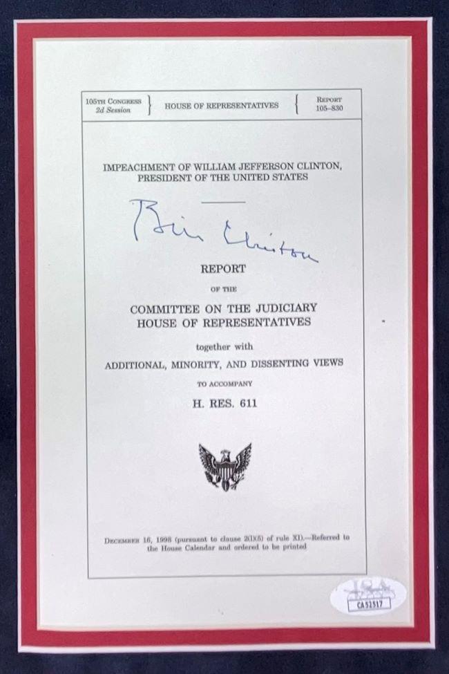 The Sports Integrity Bill Clinton Signed In Blue Framed Impeachment Letter Monica Lewinsky JSA features a signature above the report's title with a Congressional seal, dated December 16, 1998.