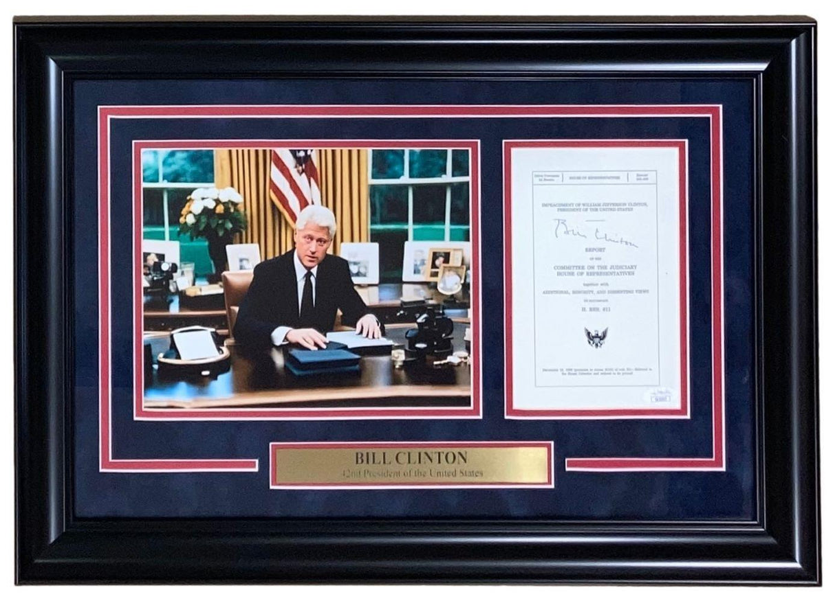 Sports Integrity's framed display features a Bill Clinton signed impeachment letter in blue, with a presidential image, American flag, and plaque reading “Bill Clinton 42nd President of the United States.” JSA authenticated.