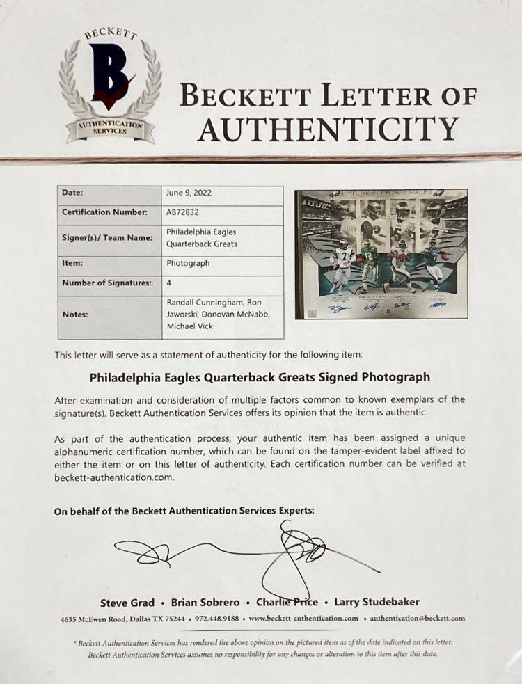 Vick McNabb Jaworski Cunningham Signed 16x20 Eagles QB Legends Collage Photo BAS