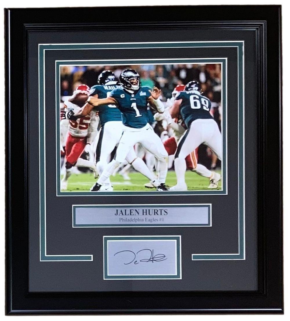 The Sports Integrity Jalen Hurts Framed 8x10 Philadelphia Eagles Photo features a laser-engraved autograph and nameplate, capturing the quarterback in action.