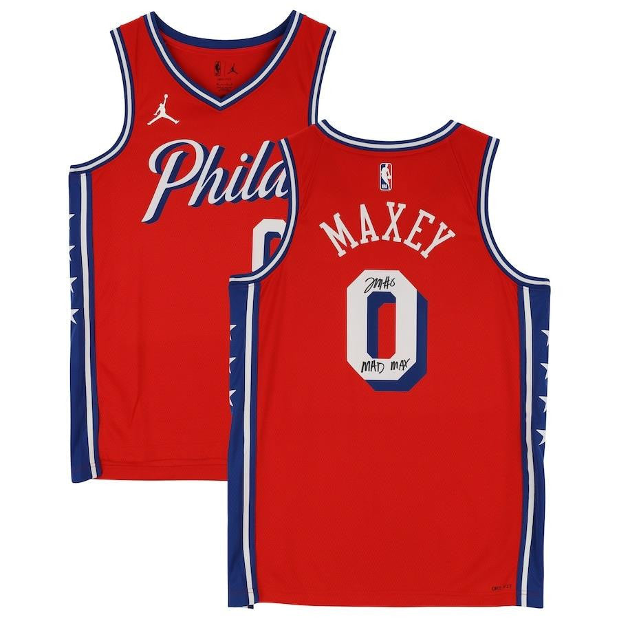 Front and back views of a red Tyrese Maxey Signed Philadelphia 76ers 2022-23 Jordan Jersey by Sports Integrity, featuring blue and white accents, "Phila" and number 0 on front, "Maxey" with signatures and number 0 on the back.